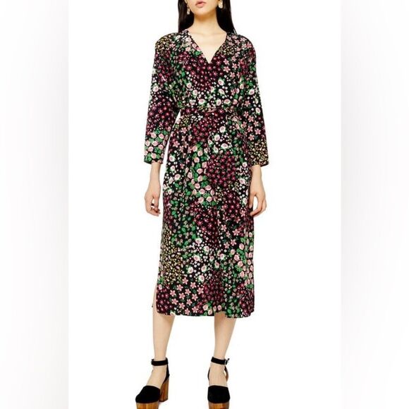 Topshop Nordstrom Floral Long Sleeve Belted Midi Dress Size 2 - Picture 2 of 8